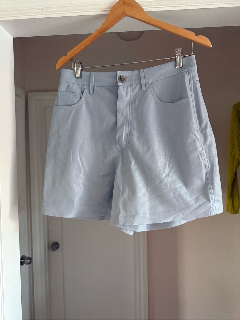 Nanushka dusty blue Leana Faux Leather Shorts size large